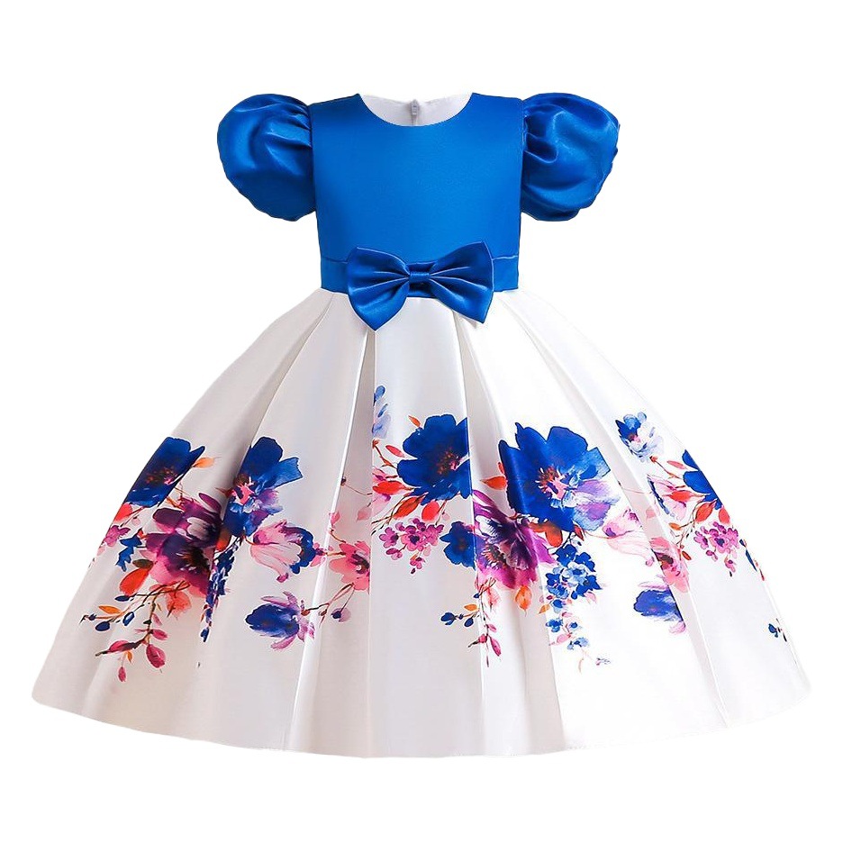 Cross-border European and American Stitching dress Bubble Sleeve Printed Princess Dress for Little Girls