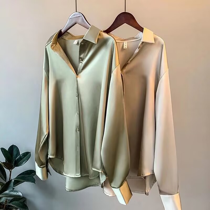 Picture of Long-sleeved Satin Shirt Women's Design Niche 2022 Spring & Fall New Versatile Drapedy Retro Hong Kong Style Shirt Top