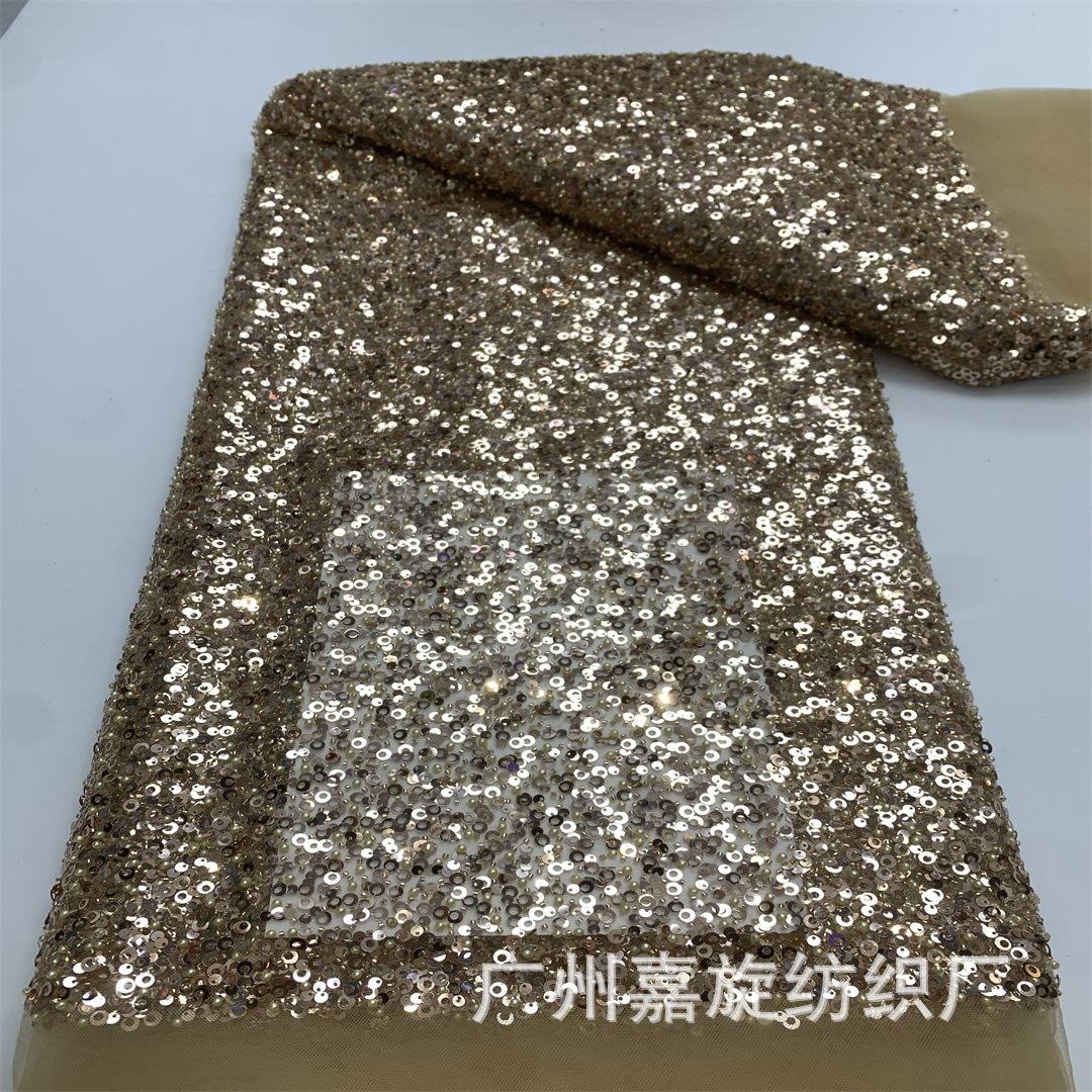 Picture of 2021 Full Pearl Embroidered Cloth Fashion Crystal Sequins Computer Embroidered Fabric Wedding Dress Fashion Fabric JX865