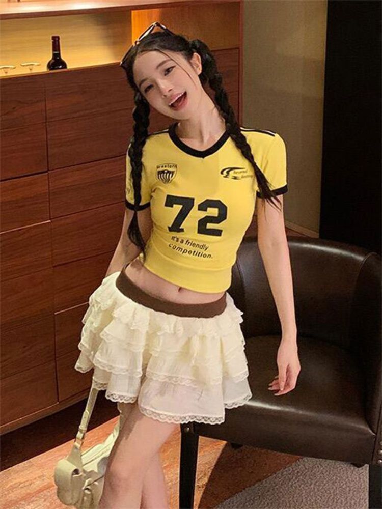 2025 American Retro Design Sense Printed Short-sleeved T-shirt Women's Short Summer Casual Sports Style Top Jersey Trendy T