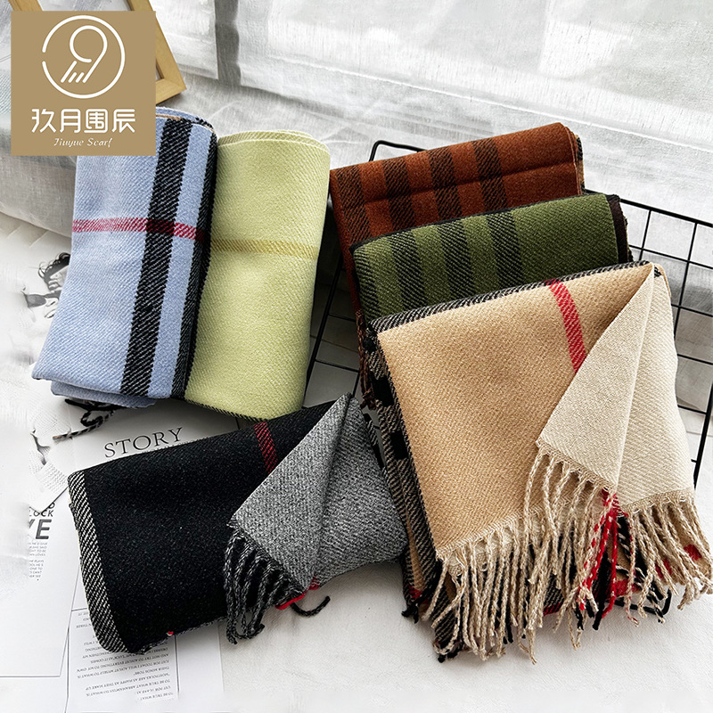 Design Sense Double-Sided Color Plaid Scarf Ins College Style Autumn and Winter Warm Soft Waxy Thick Tassel Couple Scarf