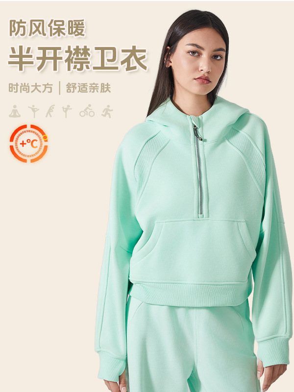 Autumn and Winter New Warm Interior fleece-lined Sports Sweatshirt Women's Vertical Collar Hooded Half Zip Loose Yoga Jacket