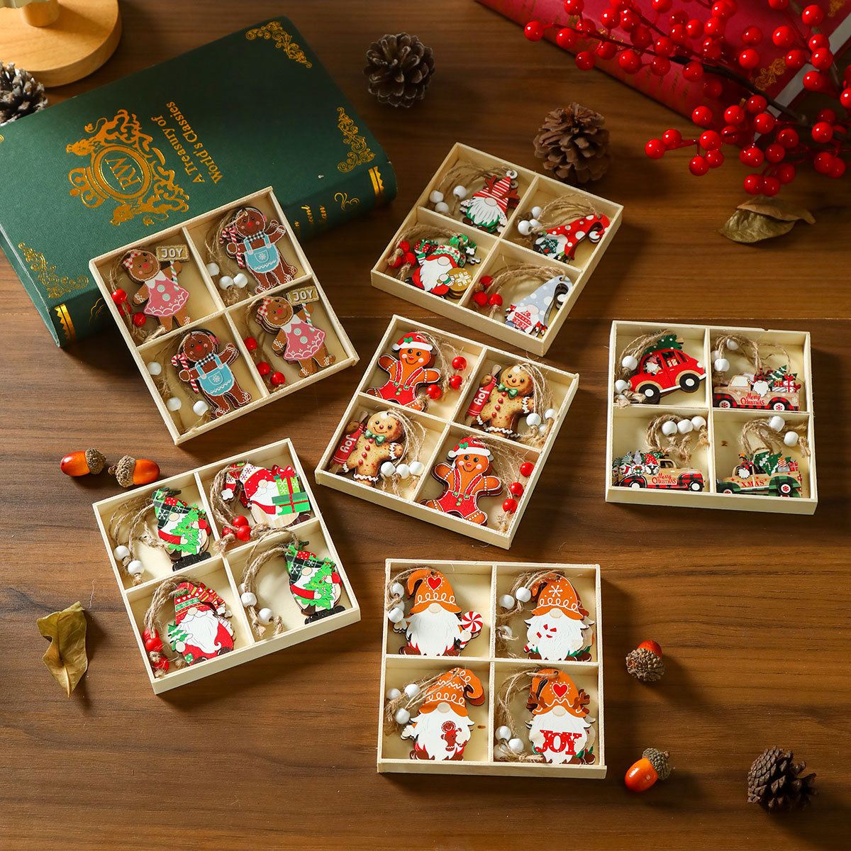 Picture of New 12 Pack Faceless Old Man Christmas Wooden Pendant Boxed Christmas Tree Small Hangers Christmas Decorations