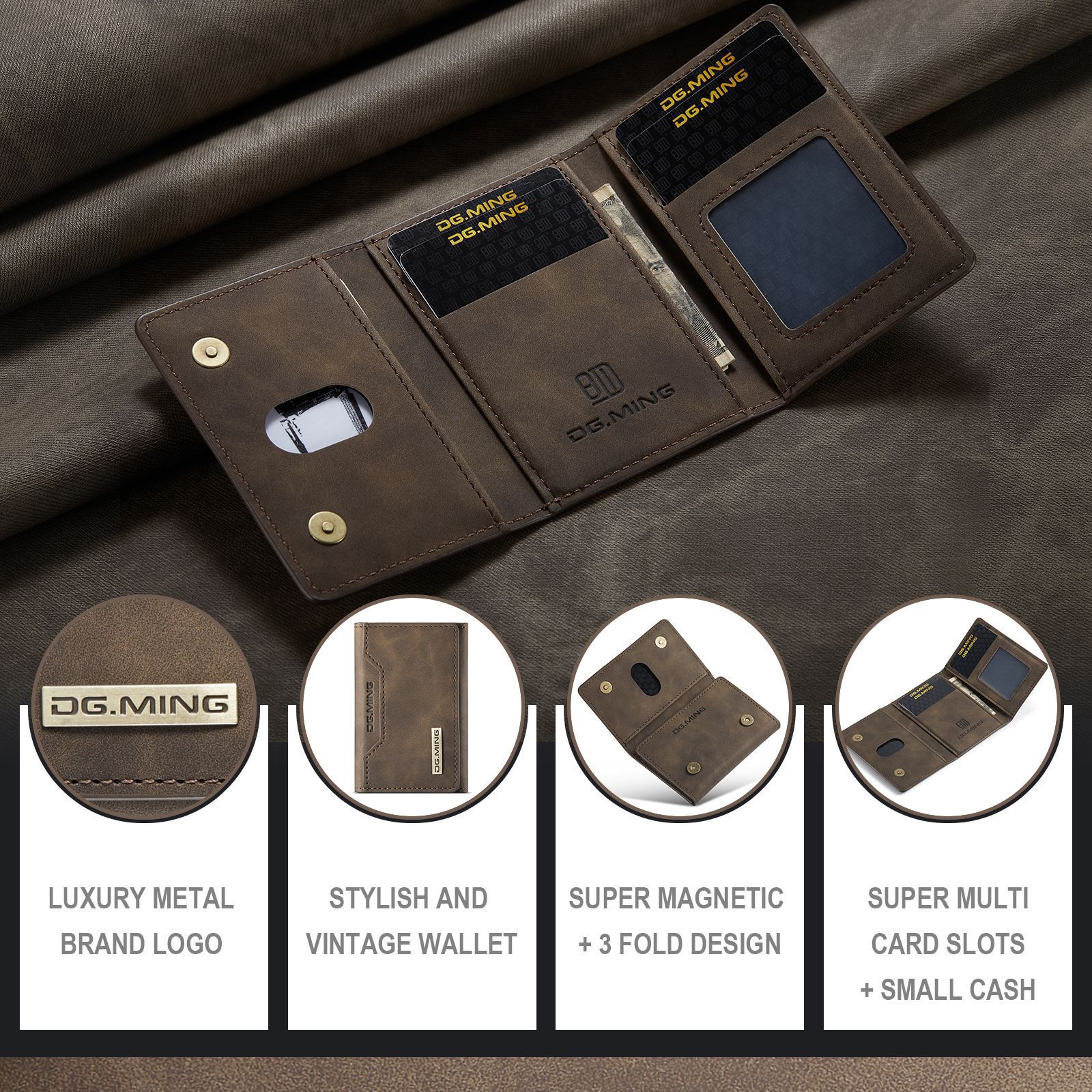 Picture of DG.MING brown three-fold card case card case high-grade retro PU card case leather case multi-functional magnetic small card case