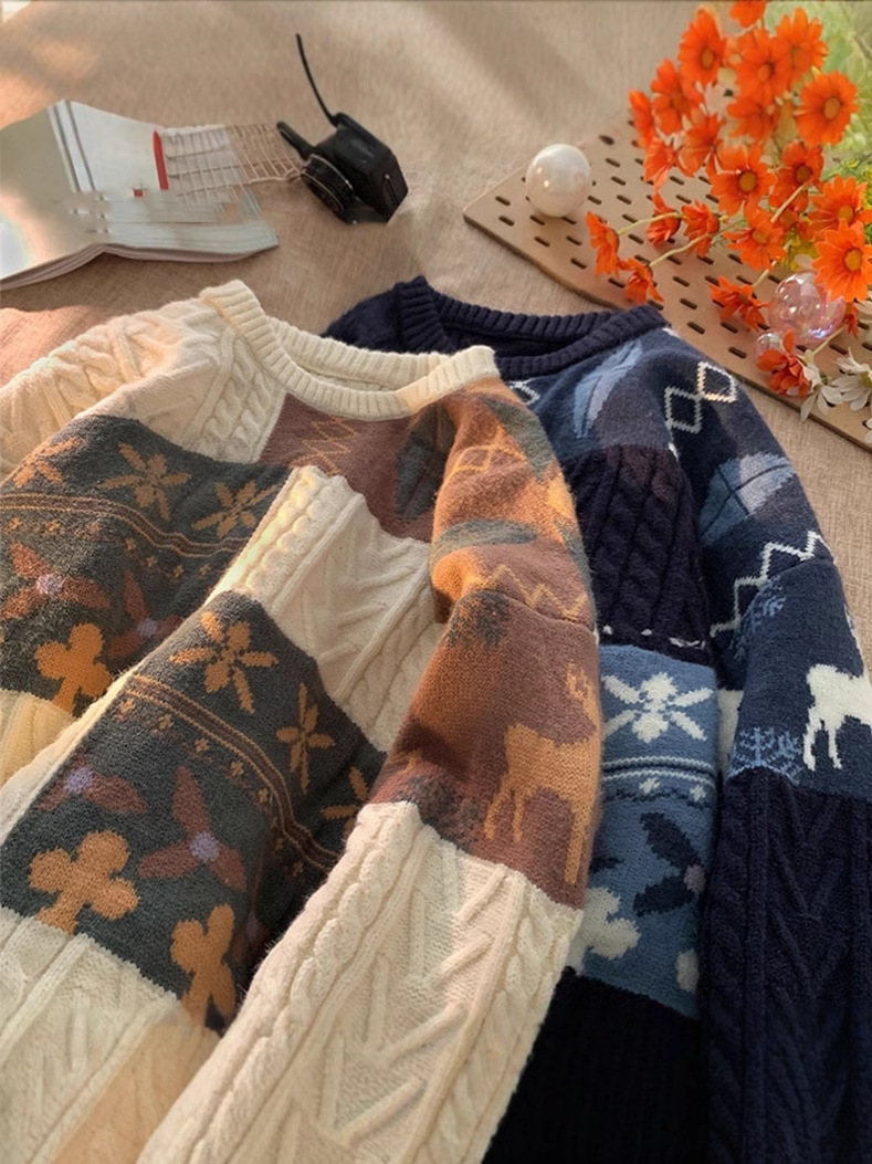 Picture of Japanese Retro Sweater Winter Loose Outer Wear Top Fashional Brand Laid-back Crewneck Pullover Sweater Christmas Sweater