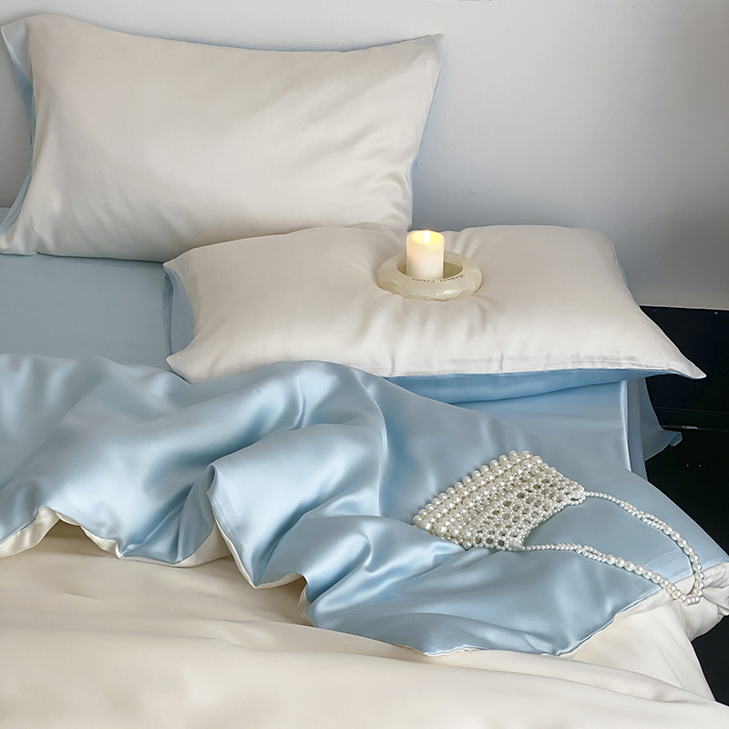 Picture of Summer Light Luxury Solid Color Ice Silk Four-piece Set Class A Cool Bed Sheet Quilt Cover Dormitory Three-piece Set Bed Cover Gift for Hair 4