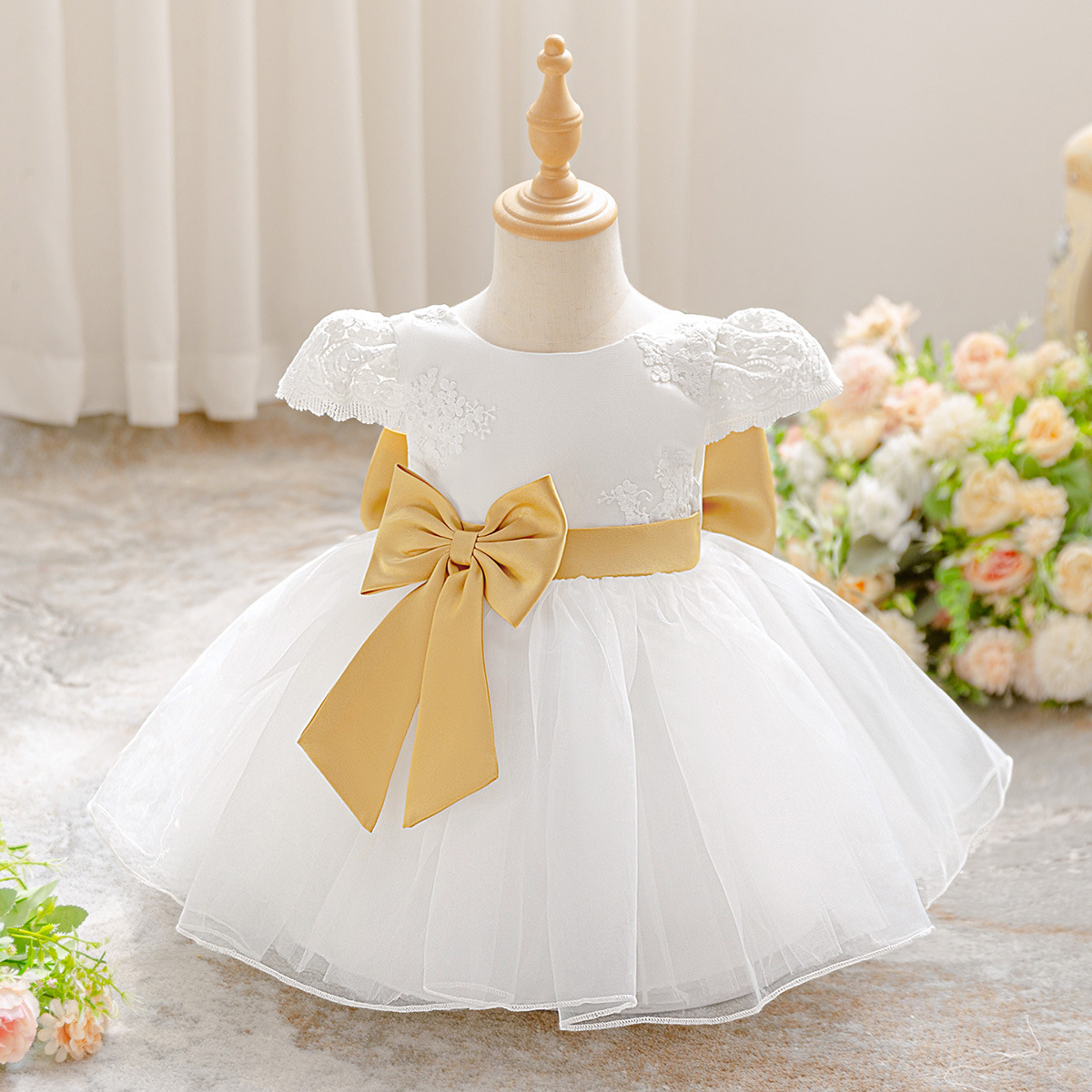 European and American New Color Matching Mesh Girls Princess Dinner Performance Bow Dress Birthday Party Dress Wholesale