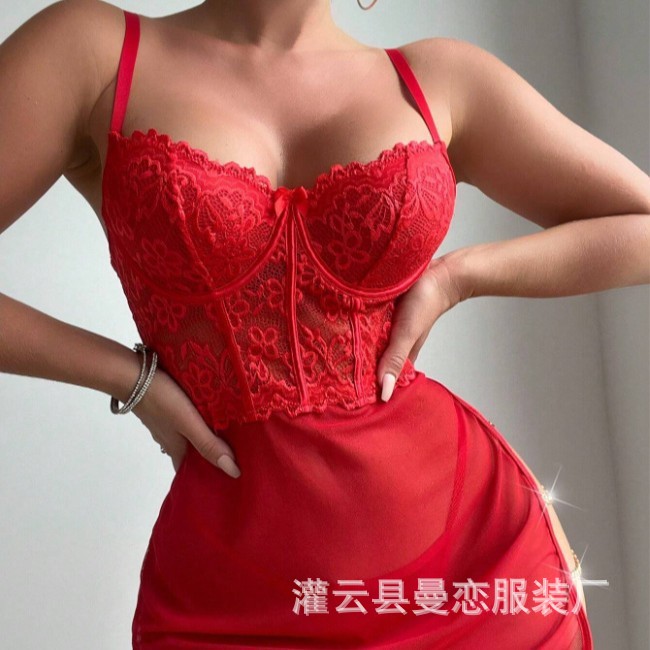 Manlian 2025 New Amazon Europe and America Cross-border Sexy Lace Mesh Stitching Split Semi-transparent Perspective Fun