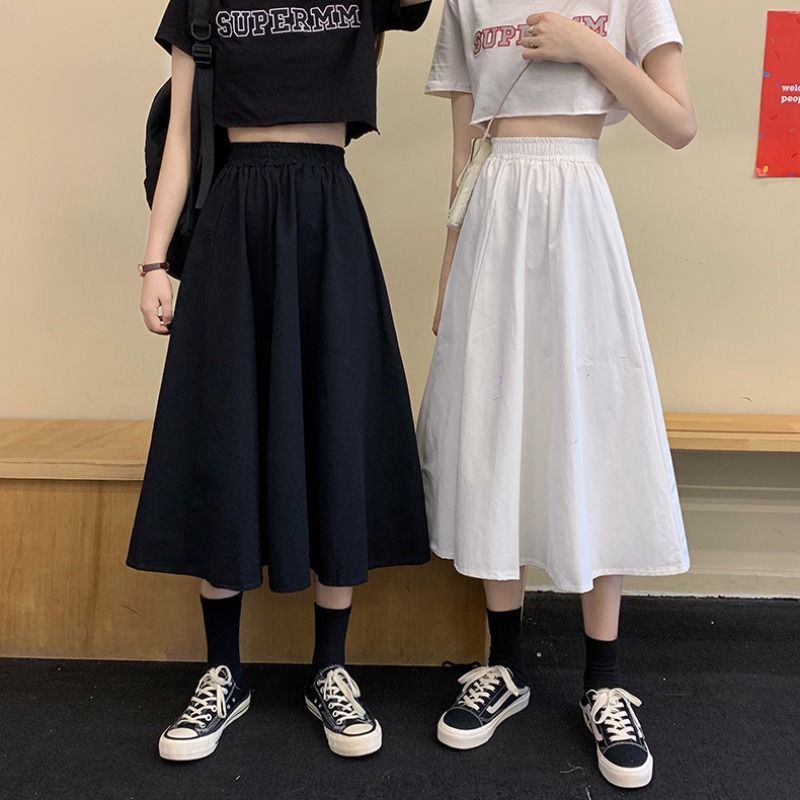 Foreign Trade White Skirt Women's Long Skirt Spring & Fall 2025 New High-Waisted A-Line Skirt Students Slim Summer Mid-Length Style