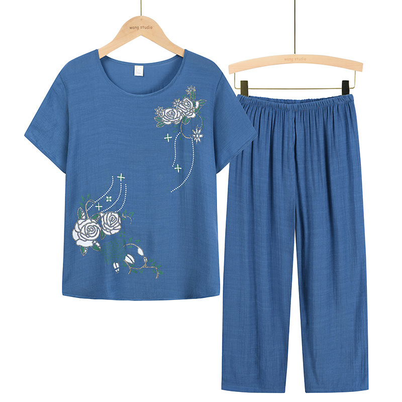 Picture of Middle-aged and elderly women's summer two-piece mother's 70-year-old grandmother's short-sleeved T-shirt jacket set Old Lady's pajamas