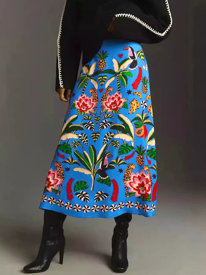 D9705 Amazon Hot Selling European and American Clothing Casual Fashion Tropical Plant Print Retro Skirt for Women