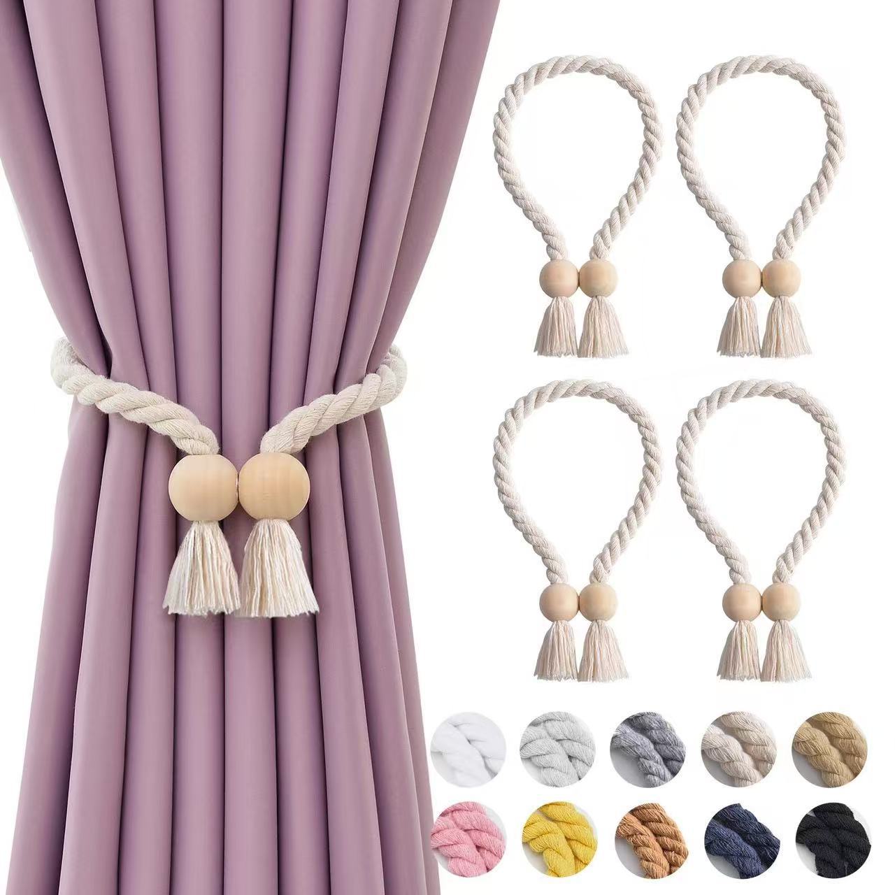 1 Pair Modern Minimalist Magnetic Wood Cube Beaded Curtain Lace for Home