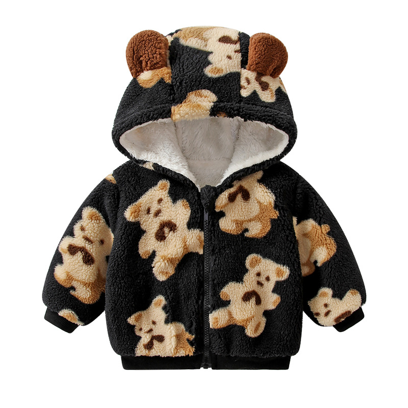 Picture of Children's Outwear Velvet Thickeneded Baby Warm Outing Clothes 2025 Autumn and Winter Cartoon Bear Hooded Baby Clothes