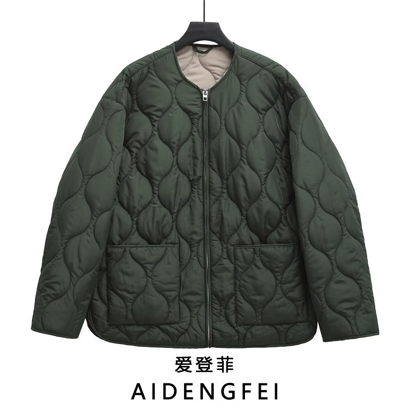 European and American style 2024 autumn new women's casual versatile long sleeve V-neck loose cotton-padded jacket jacket 1255792