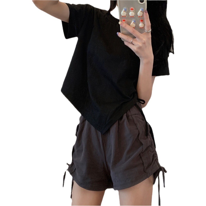 Irregular Drawstring Short-Sleeved T-Shirt for Women 2023 New Summer K-Style Ins Versatile Student Sexy Top
