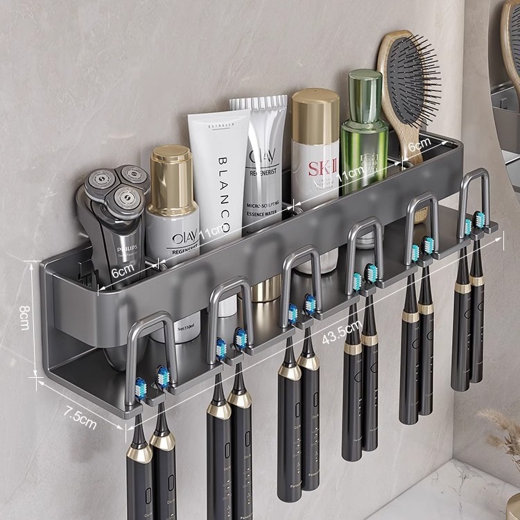 Picture of Toothbrush Storage Rack Non-Punch Brush Cup Mouthwash Cup Rack Wall-Mounted Bathroom Household Toothware Hanger
