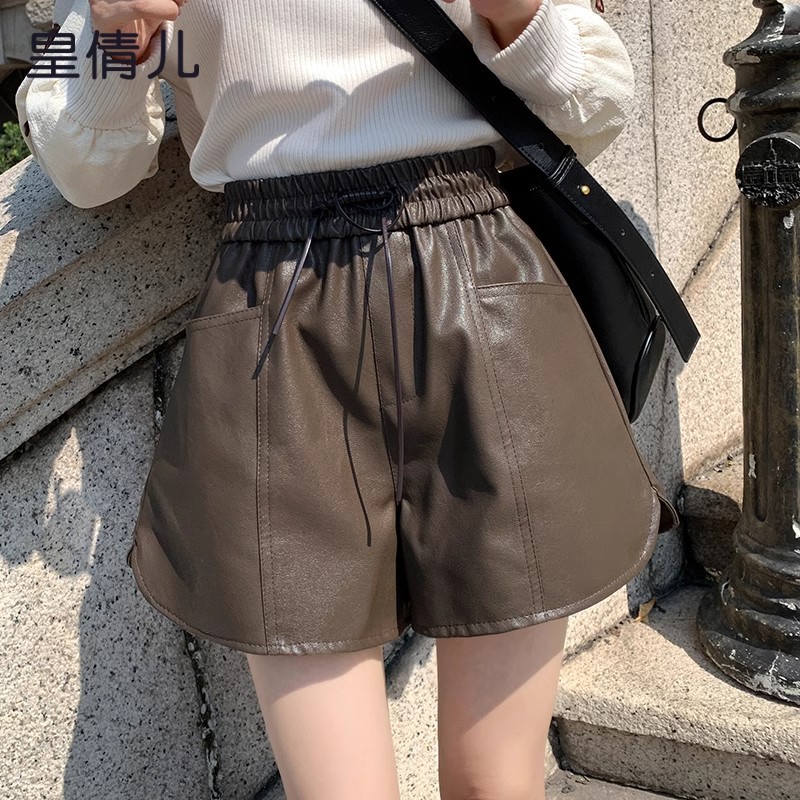 Small High Waist A- Shaped Leather Wide-Leg Shorts Women's Autumn and Winter 2024 Autumn New All-Match Slimming Outer Wear Boots Pants