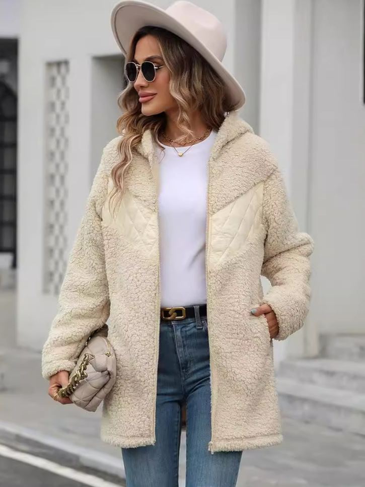 Flash velvet 2024 cross-border new European and American women's autumn and winter cardigan hooded long zipper loose plush coat women