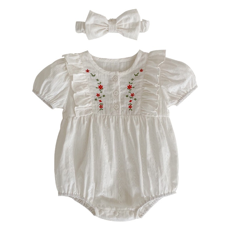 Picture of 2025 Summer Baby Clothes, Cotton, Stylish Embroidered Harem Clothes, Baby Girl's Round Neck Short-Sleeved Fart Clothes, One-Year-Old Rompers