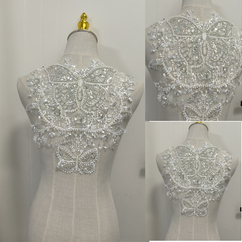 Pearl Butterfly Cloth Sticker Beaded Sequins Embroidered Lace Flower Sticker Multi-color Bridal Wedding Dress Decoration New Product