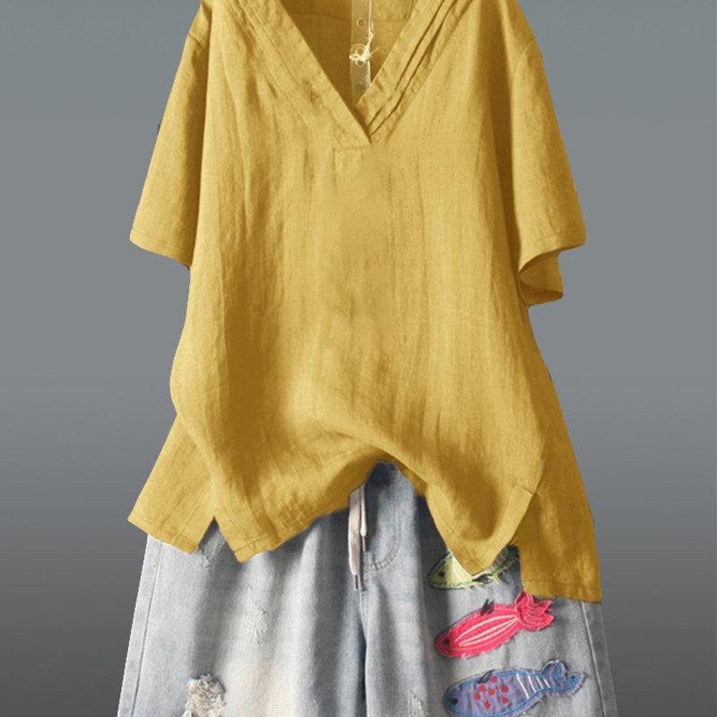 Cotton Linen 2023 Summer Women's chubby girl Artistic All-match Short-sleeved V-neck plus size T-shirt rayon Loose Top Base Shirt