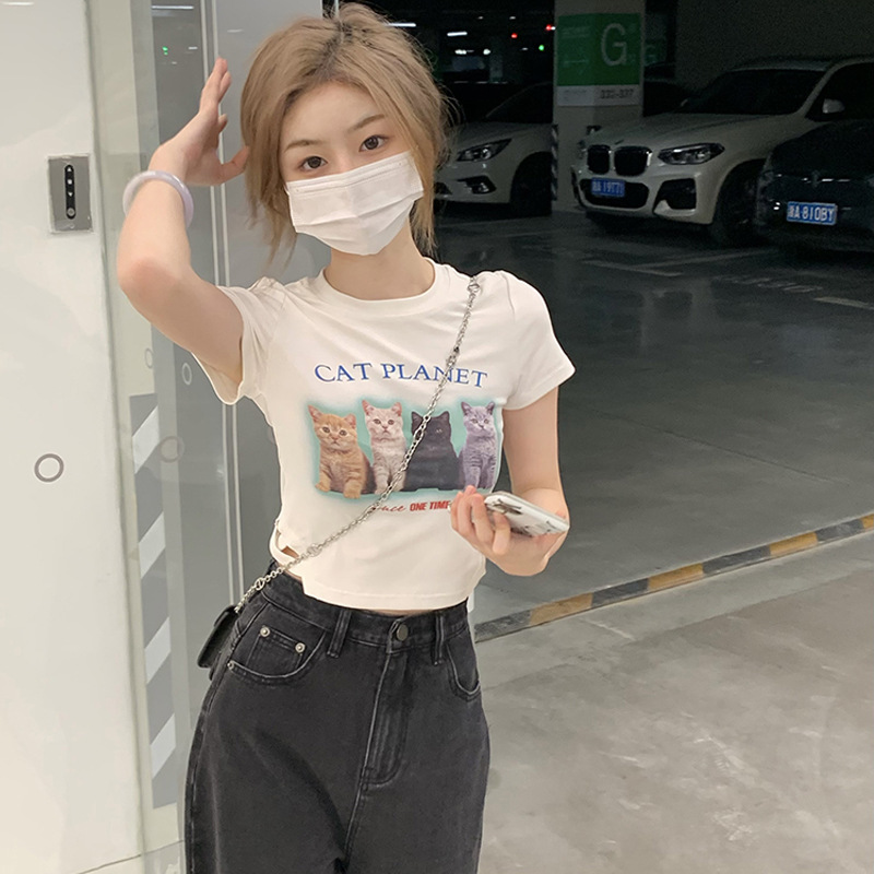 Spice Girls White Short-sleeved Hollow Cat T-shirt Women's Summer Slim-fit Short Pure Desire-style Sweet and Spicy Tight Shoulder Top