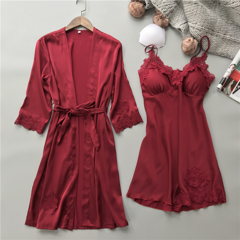 Picture of Spring and Summer New Sexy Sling Nightgown Nightgown Nightgown Set Wholesale Silk Home Clothes with Chest Pad Nightgown Women