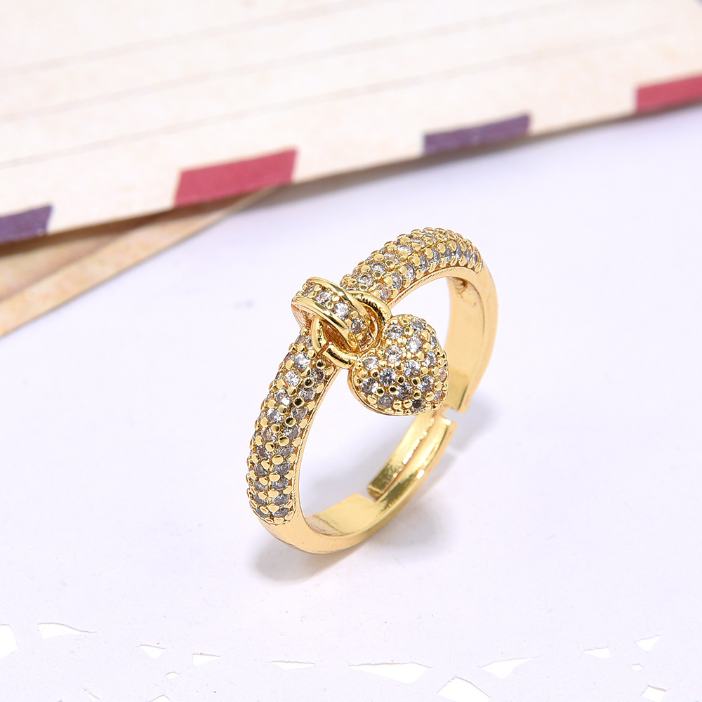 Picture of 4 Copper Set Zircon Activity Loving Heart Open Female Ring Pet Cat Fish Bone Loose Mouth Finger Ring Gold Color Preservation Jewelry
