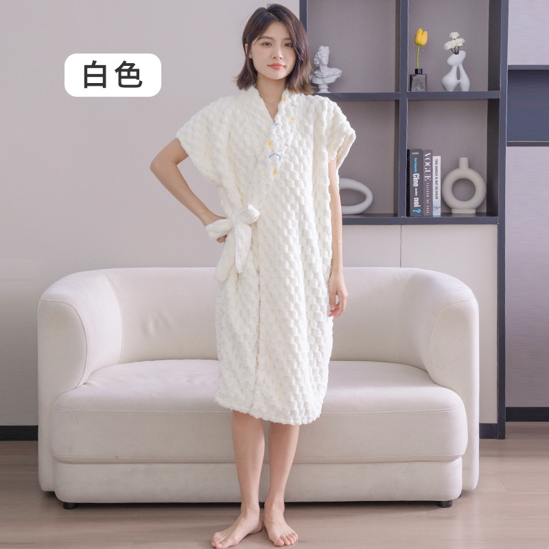 Picture of Wearable wrap bath towel female cloud jacquard cross strap bathrobe coral fleece absorbent adult bath skirt embroidery