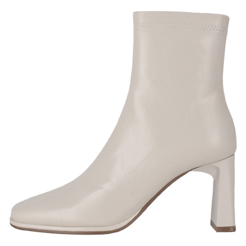 816-2 Simple Joker Thick Heel Short Boots Women's Square Head Thin Boots Side Zipper Solid Color Fashion Soft Leather Single Boots Spring and Autumn