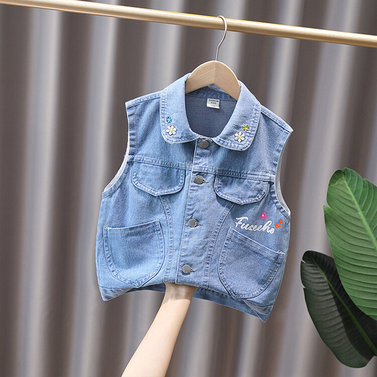 Picture of Girls' Denim vest spring and autumn Korean style children's wool flower letters casual all-match Western style sleeveless coat