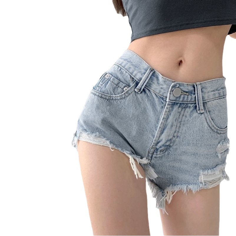 Spring and Summer Retro Asymmetrical Ripped Denim Shorts for Women, Thin Sexy High-Waisted Slimming Look A-Line Raw Edge Wide-Leg Hot Pants