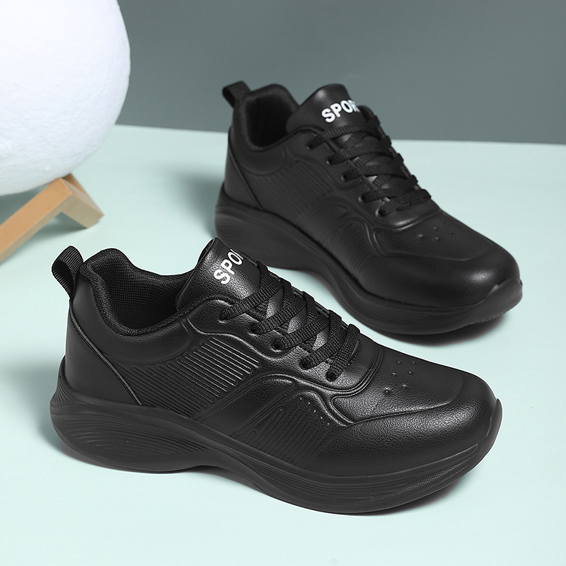 Waterproof leather sneaker women's spring long standing not tired feet soft bottom full black work shoes non-slip mother kitchen shoes