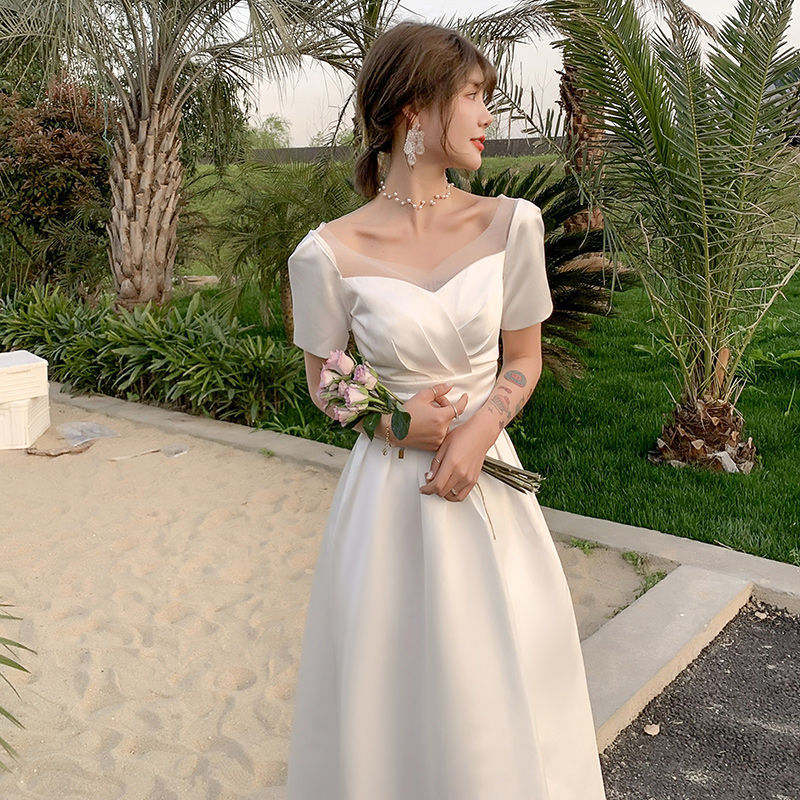 Satin Wedding Dress 2024 New Style Elegant French Style Light Wedding Dress Simple Travel Shot White Wedding Dress for Women