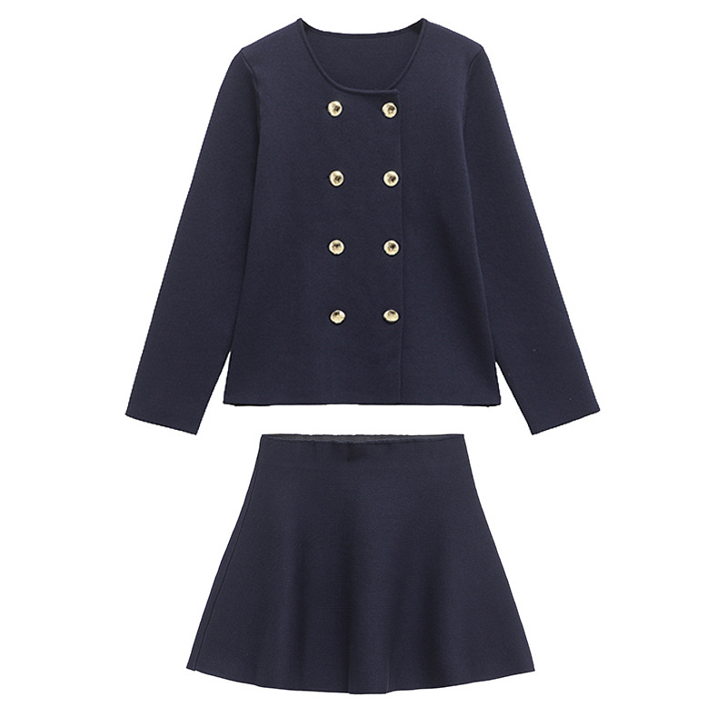 2024 Cross-Border Women's Winter New European and American Style Round Neck Navy Double-Breasted Flat-Needle Sweater Jacket + Short Skirt