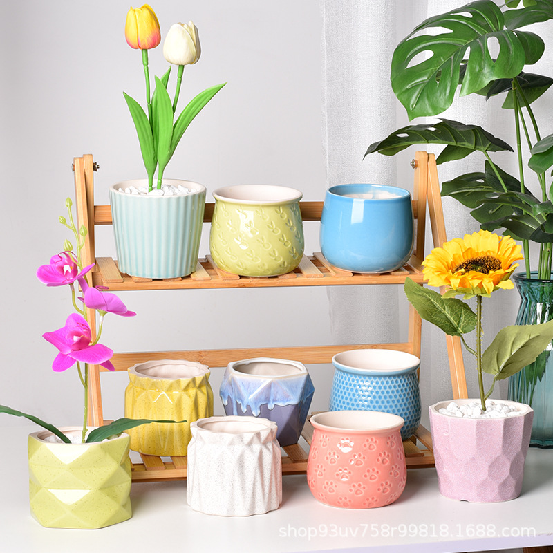 Picture of Factory wholesale ceramic flower pot glaze combination creative home decoration fleshy flower pot simple meat green plant potted plant