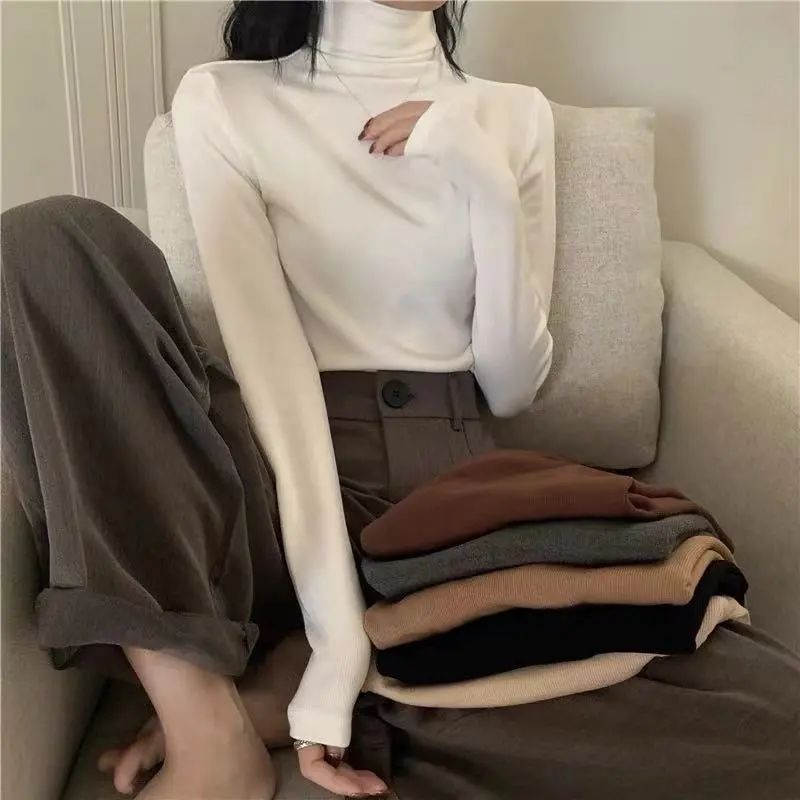 Warm Double-Sided Velvet Base Shirt Women's Autumn and Winter Thickened High Collar Inner Long-Sleeved T-Shirt Self-Heating All-Match Top Trendy