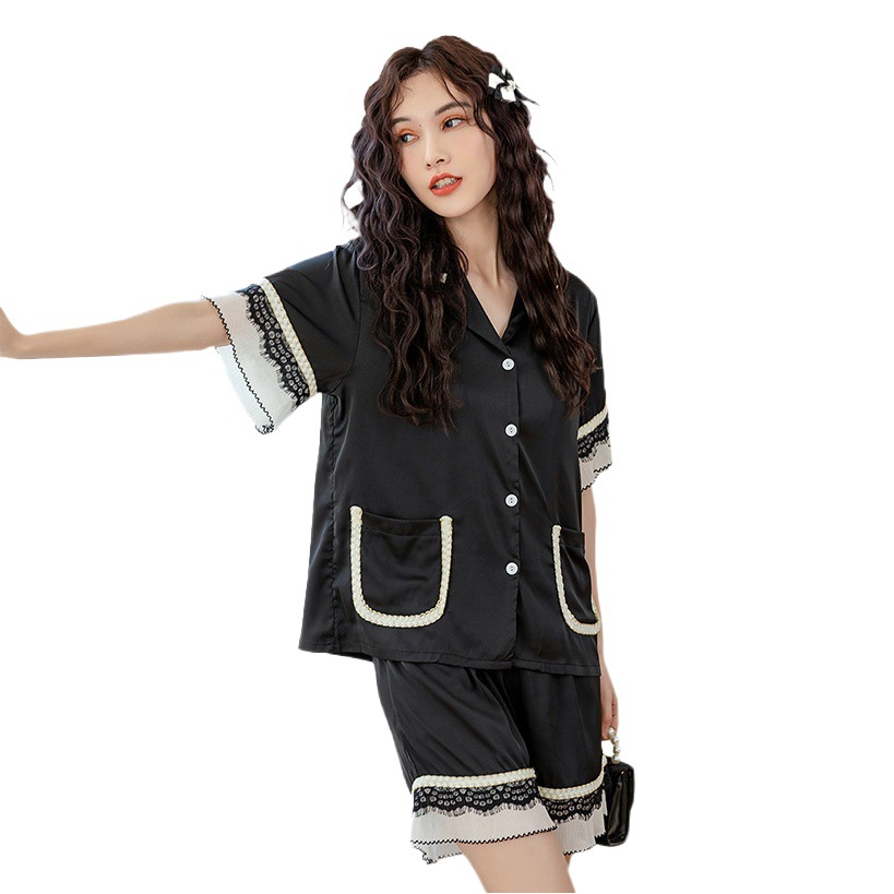 Ice Silk Pajamas Women Summer Lace Stitching Short Sleeve Thin Lapel Set Fashion Home Wear Breathable Cool