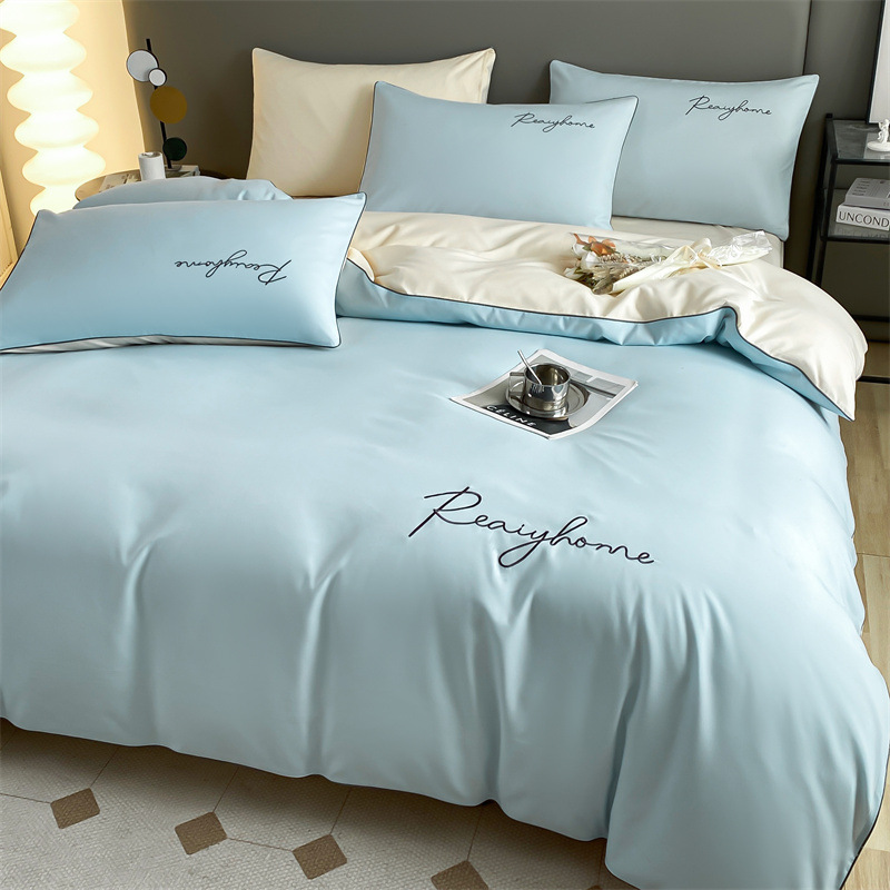 Picture of Solid color double four-piece set of style bed sheets home light luxury quilt cover washed cotton embroidered letter quilt cover three-piece set