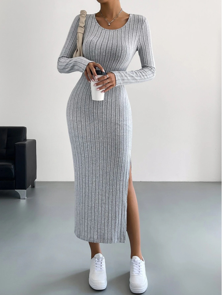 Autumn and Winter Knitted Long Sleeve Crewneck Split Long dress Women's European and American Amazon 2024 Cross-border Hot Search