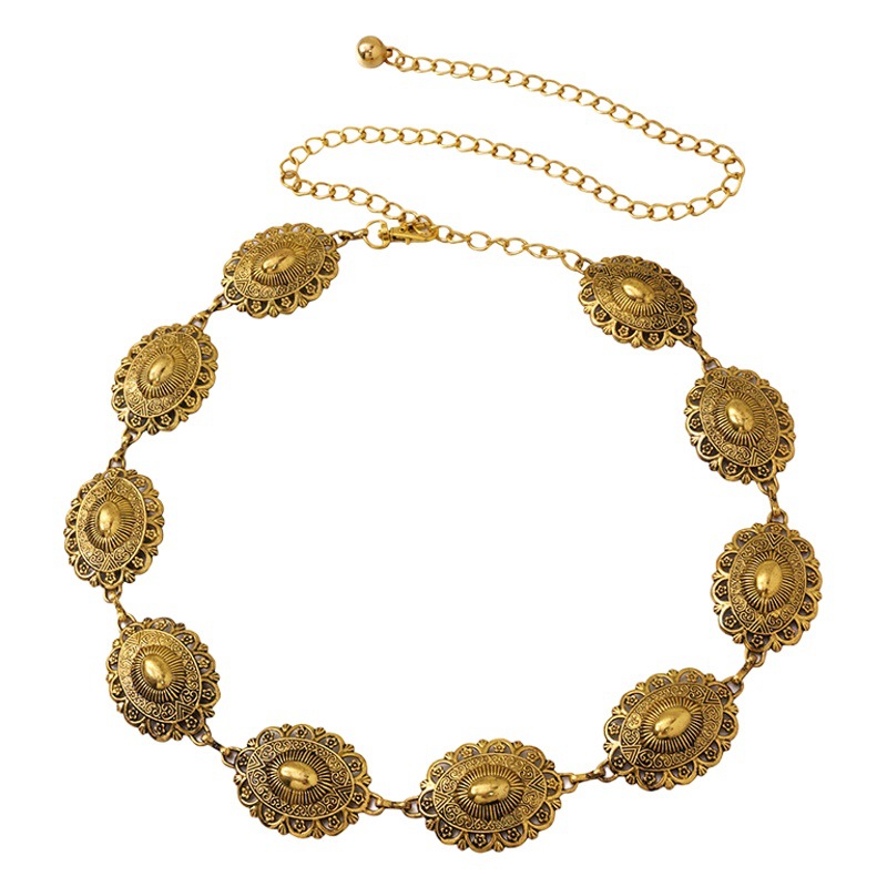 European and American foreign trade source manufacturers ancient gold smear western ins wind metal women's waist chain retro carved cross-border in stock