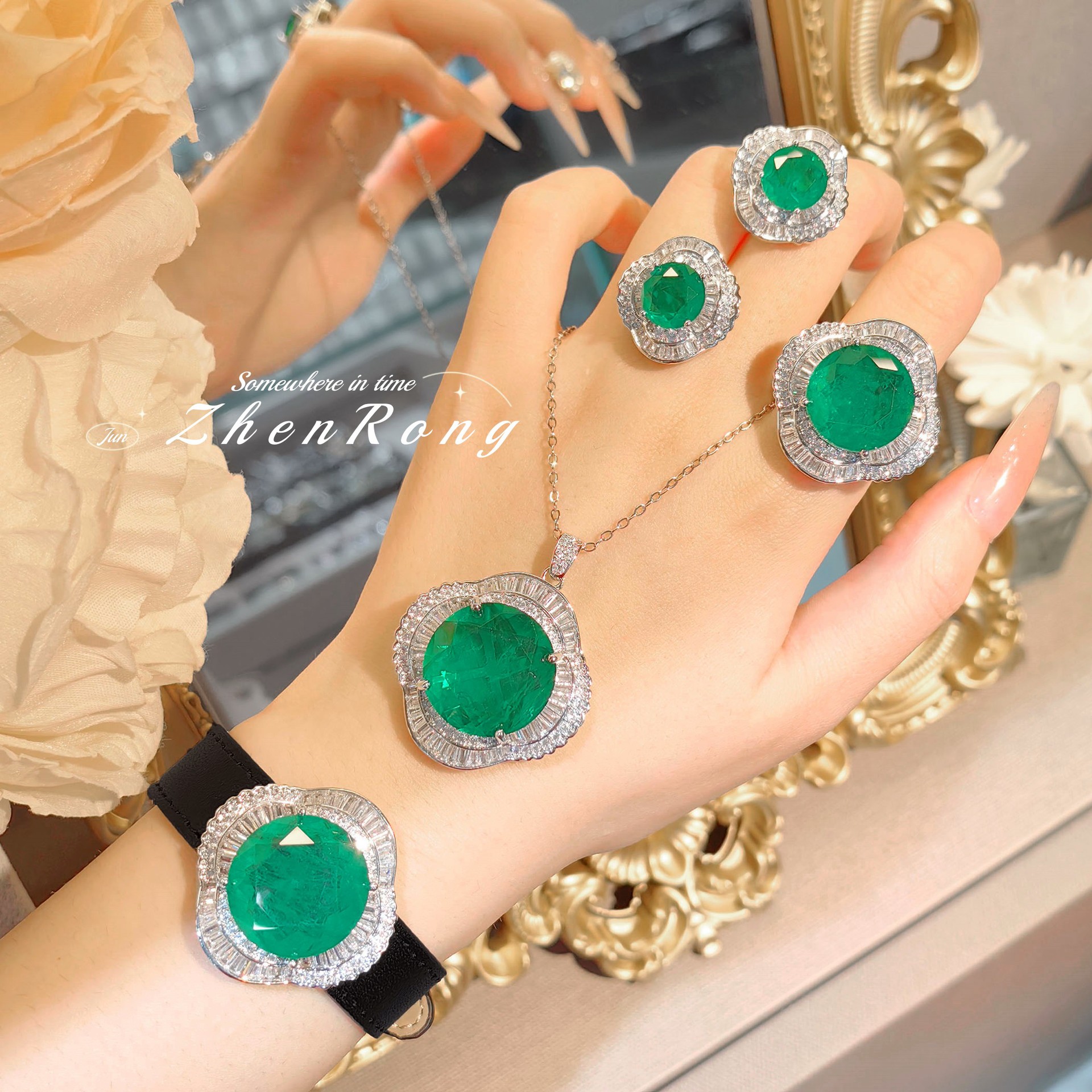 New simulation with cotton emerald necklace color treasure suit temperament pendant high sense ring high carbon diamond earrings women