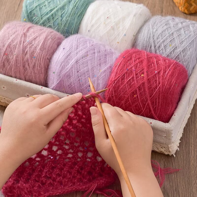 Colorful Sequined Mohair Wool Hat Sweater Scarf Handmade Crochet DIY Shawl Stick Needle Thick Wool