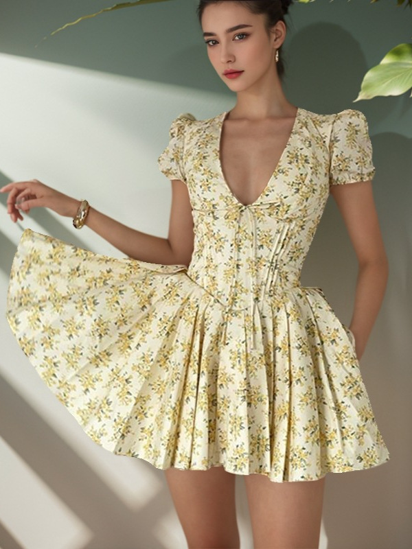 European and American Women's Summer New Fashion First Love Floral Bubble Sleeve V-Neck Slim-Fit French Vintage dress Dress