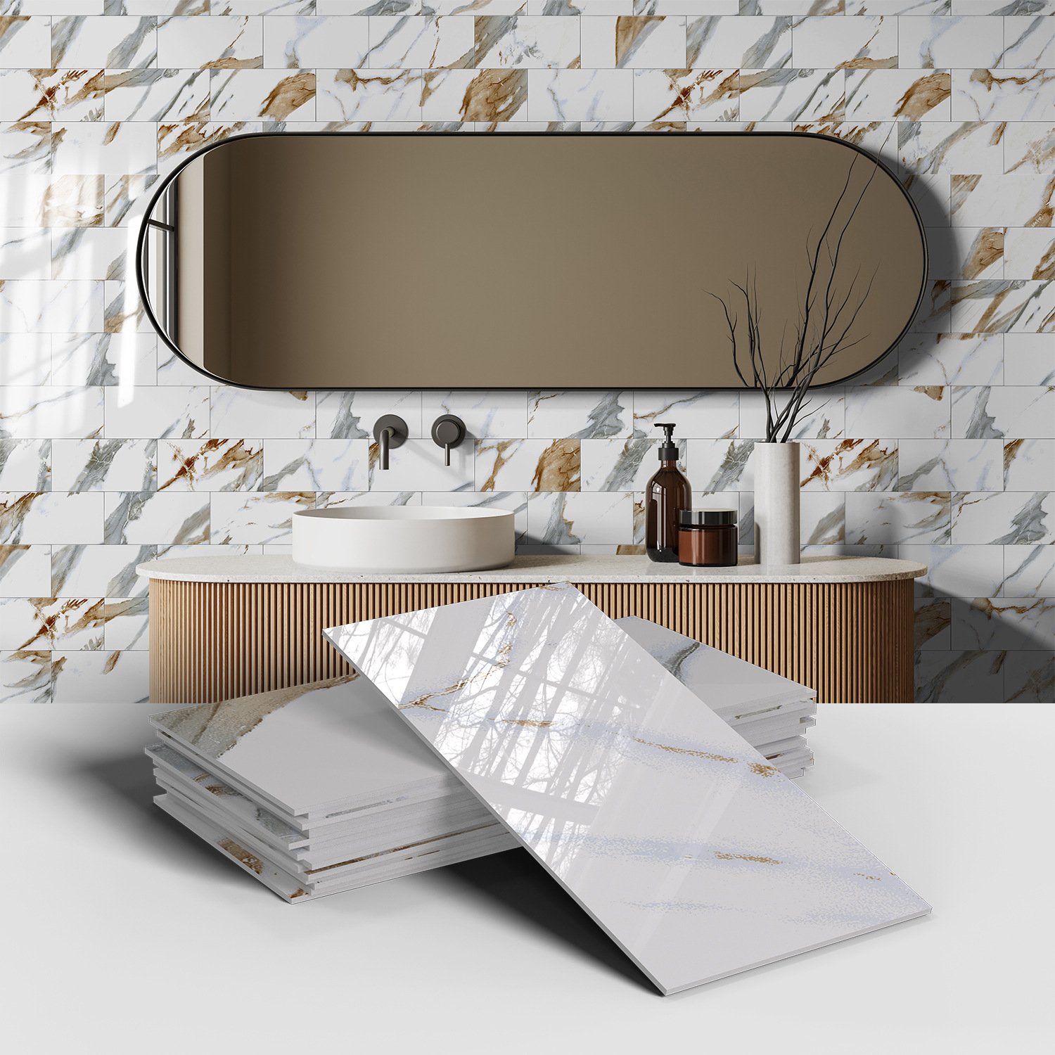 Picture of Crystal Marble Tile Wall Stickers Thickened PET Waterproof Self-adhesive Wallpaper for Kitchen Living Room Wall Decoration Cross Border
