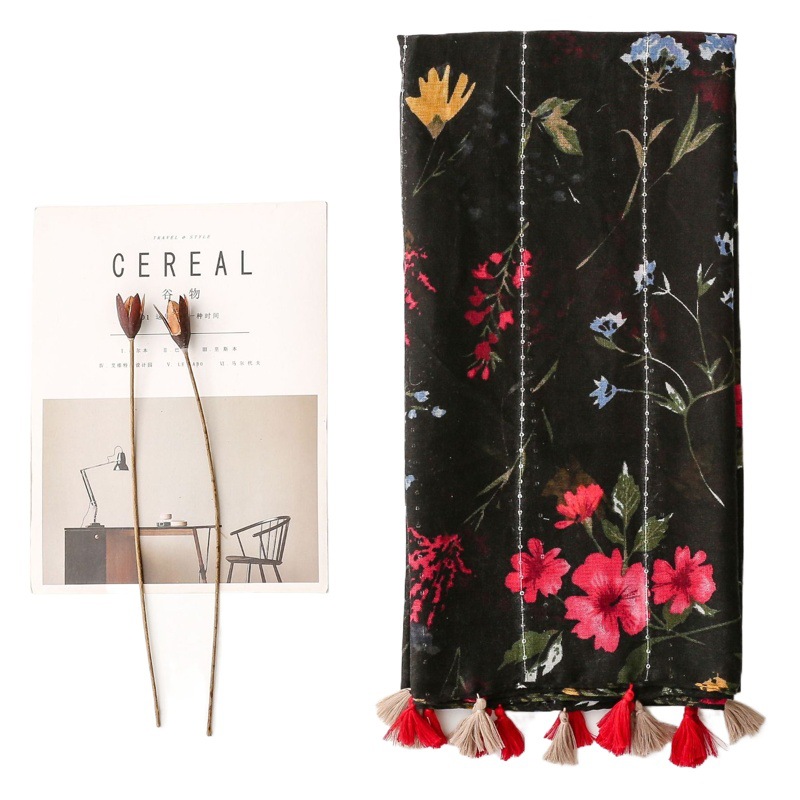 Vintage Ethnic Style Cotton Linen Scarf with Sequins Black Color Flower Handmade Tassel Printed Silk Scarf Shawl