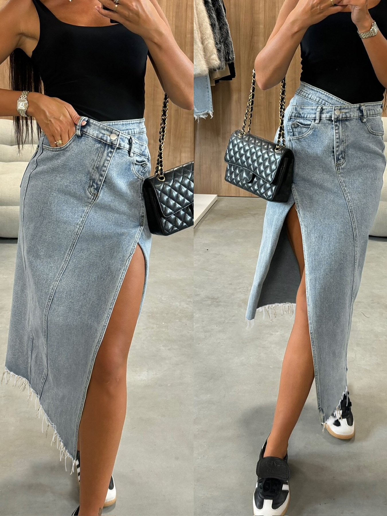 European and American Stretch Women's Slant Waist Split Rag Cross Stitching Asymmetrical Denim Skirt