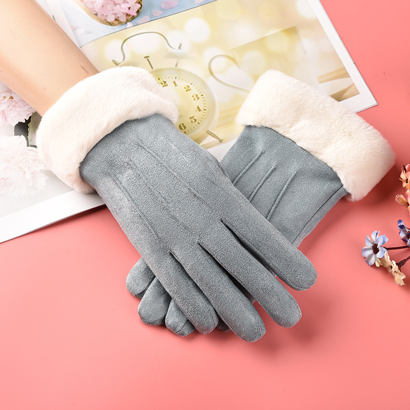 Picture of Autumn and Winter fleece-lined thickened touch screen suede warm gloves cute fashion student outdoor cycling driving stall
