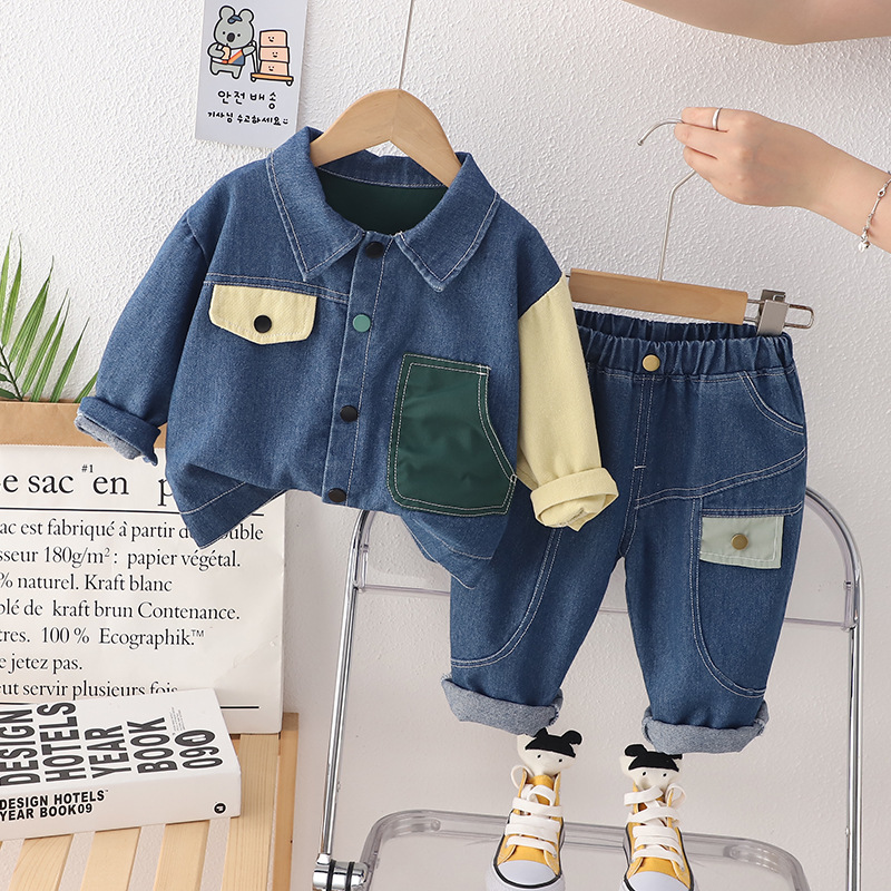 Autumn new color matching lapel Denim jacket 0-5 years old children's clothing boys' casual pants cardigan children's clothing factory wholesale