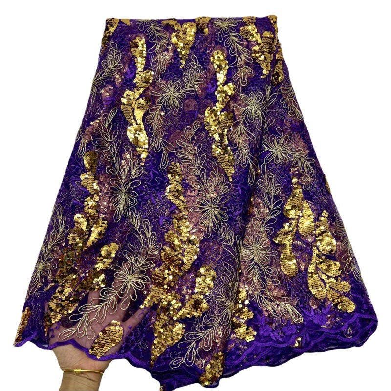 African sequined lace embroidered fabric gold sequined evening dress wedding dress fabric African Sequins lace